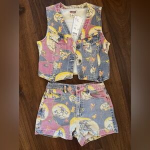 Guess Western Print Denim Vest and Shorts Set